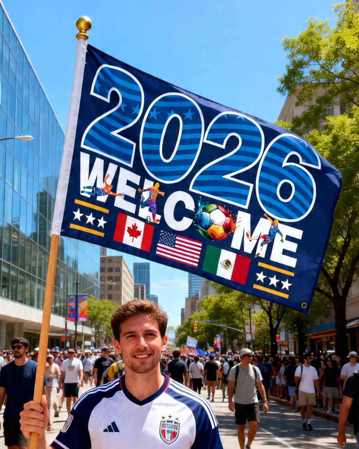 2026 World Cup Banner Flag 3"×5"Ft,Double-Sided 3-Ply Large Fabric Football Flag with American Canada Mexico Host Country Pattern,2026 World Cup Supporters Banner,Hanging Football Soccer Poster Decoration-Stripe