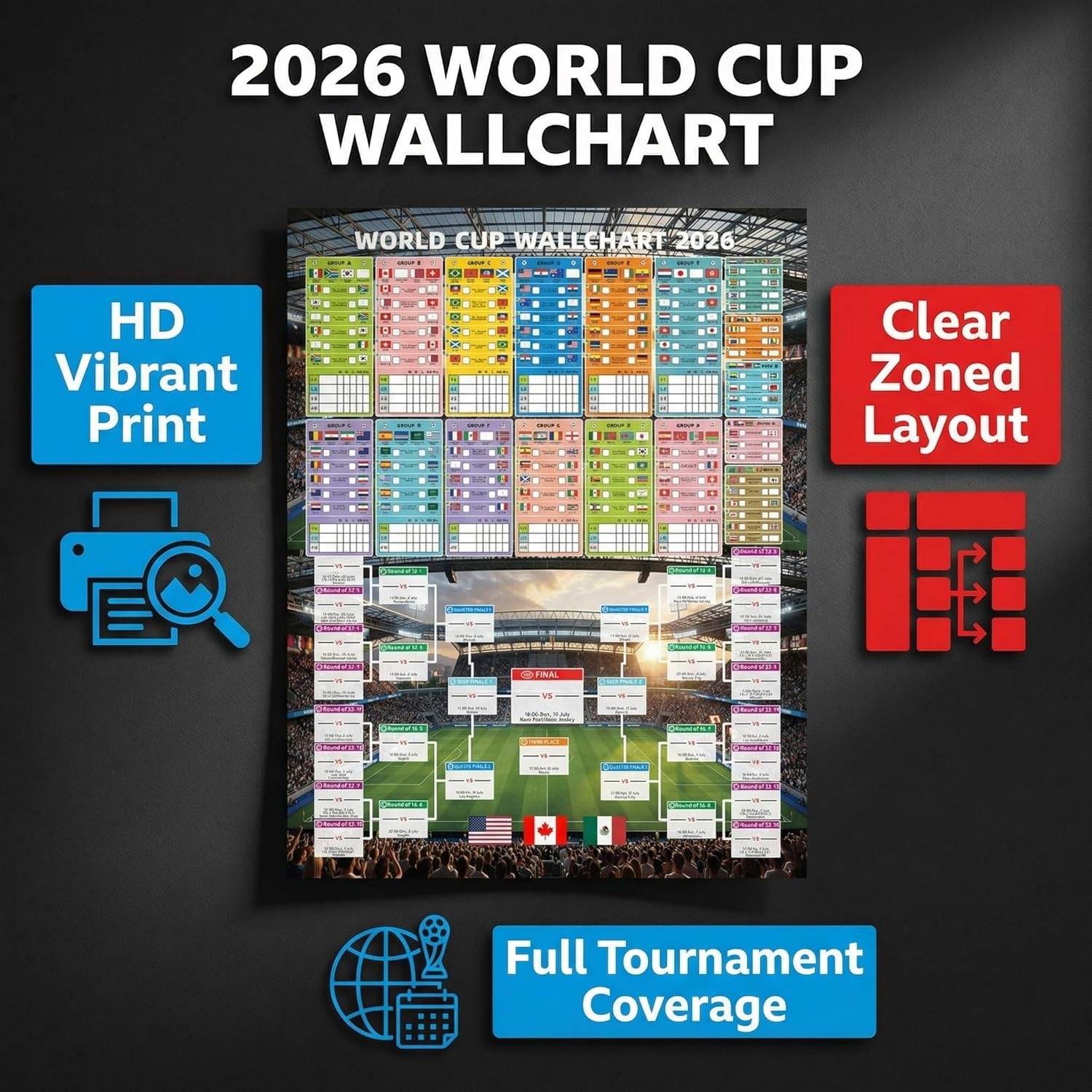 2 Pcs 2026 Wall World Chart Cup Poster Final round 48-Team Collection Showcase Premium Waterproof Oxford 31.5X23.6 Inches Football Merchandise Decorations for Soccer Fans and Soccer Game Day Party