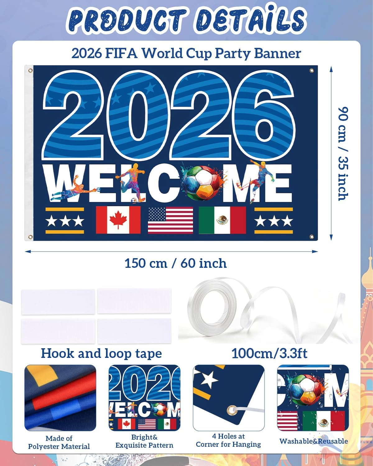 2026 World Cup Banner Flag 3"×5"Ft,Double-Sided 3-Ply Large Fabric Football Flag with American Canada Mexico Host Country Pattern,2026 World Cup Supporters Banner,Hanging Football Soccer Poster Decoration-Stripe
