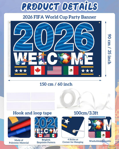 2026 World Cup Banner Flag 3"×5"Ft,Double-Sided 3-Ply Large Fabric Football Flag with American Canada Mexico Host Country Pattern,2026 World Cup Supporters Banner,Hanging Football Soccer Poster Decoration-Stripe
