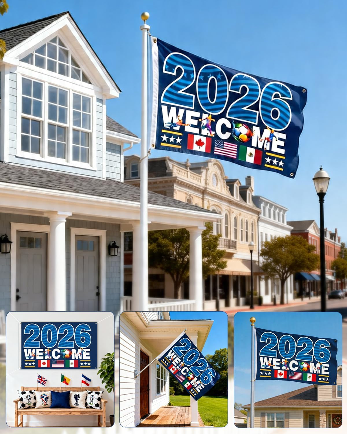 2026 World Cup Banner Flag 3"×5"Ft,Double-Sided 3-Ply Large Fabric Football Flag with American Canada Mexico Host Country Pattern,2026 World Cup Supporters Banner,Hanging Football Soccer Poster Decoration-Stripe