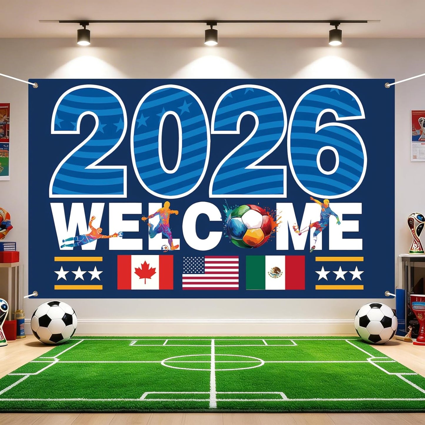 2026 World Cup Banner Flag 3"×5"Ft,Double-Sided 3-Ply Large Fabric Football Flag with American Canada Mexico Host Country Pattern,2026 World Cup Supporters Banner,Hanging Football Soccer Poster Decoration-Stripe