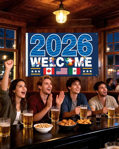 2026 World Cup Banner Flag 3"×5"Ft,Double-Sided 3-Ply Large Fabric Football Flag with American Canada Mexico Host Country Pattern,2026 World Cup Supporters Banner,Hanging Football Soccer Poster Decoration-Stripe