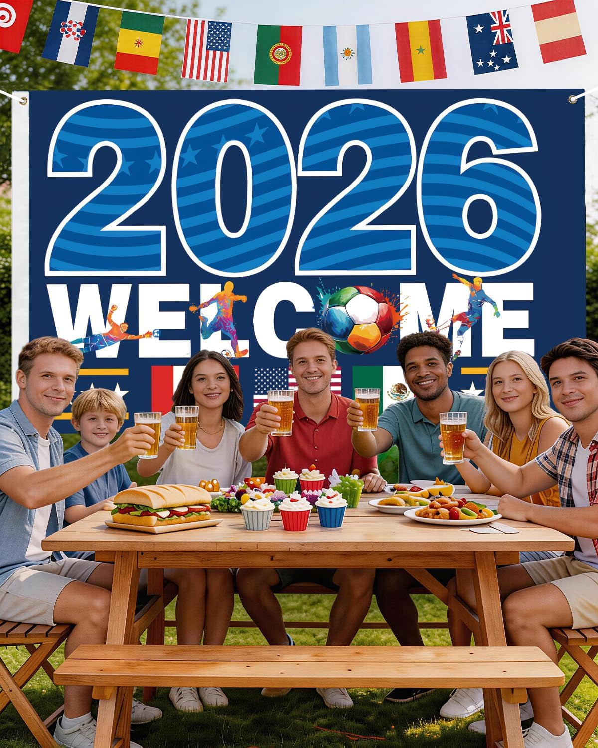 2026 World Cup Banner Flag 3"×5"Ft,Double-Sided 3-Ply Large Fabric Football Flag with American Canada Mexico Host Country Pattern,2026 World Cup Supporters Banner,Hanging Football Soccer Poster Decoration-Stripe