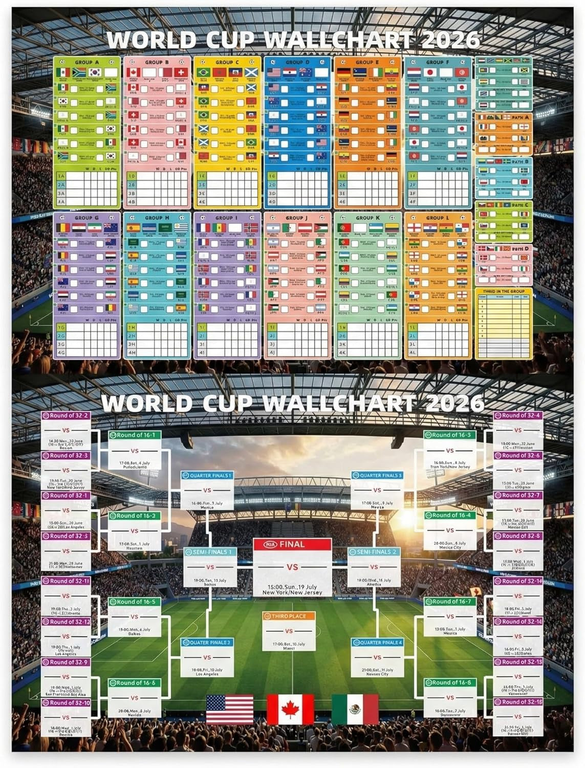 2 Pcs 2026 Wall World Chart Cup Poster Final round 48-Team Collection Showcase Premium Waterproof Oxford 31.5X23.6 Inches Football Merchandise Decorations for Soccer Fans and Soccer Game Day Party