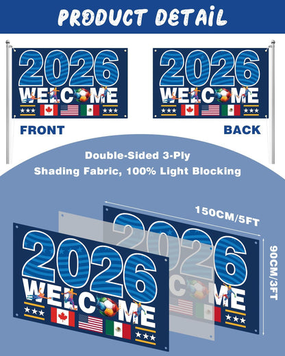 2026 World Cup Banner Flag 3"×5"Ft,Double-Sided 3-Ply Large Fabric Football Flag with American Canada Mexico Host Country Pattern,2026 World Cup Supporters Banner,Hanging Football Soccer Poster Decoration-Stripe
